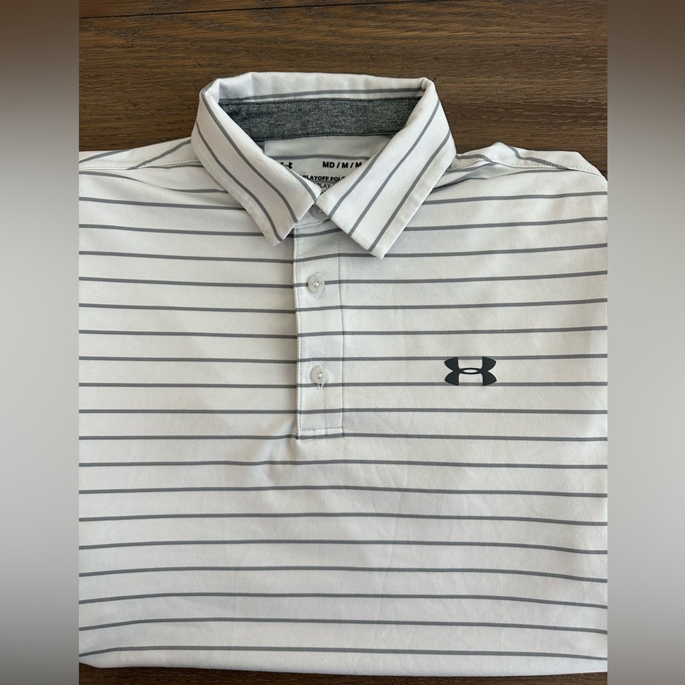 Under Armour White and Gray Striped Polo Shirt Size M Gently Worn